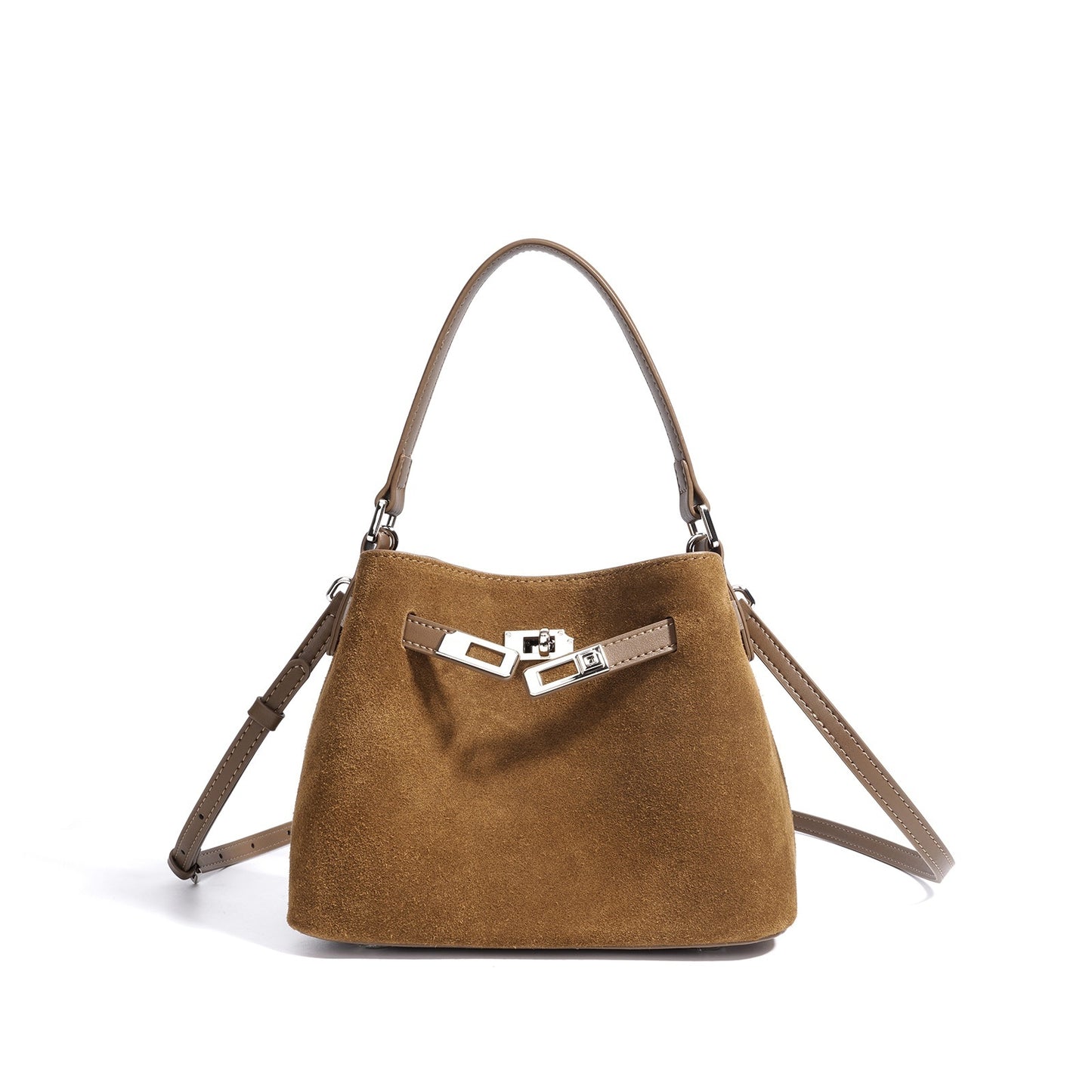 Structured Suede Bucket Bag in First-Layer Cowhide Leather