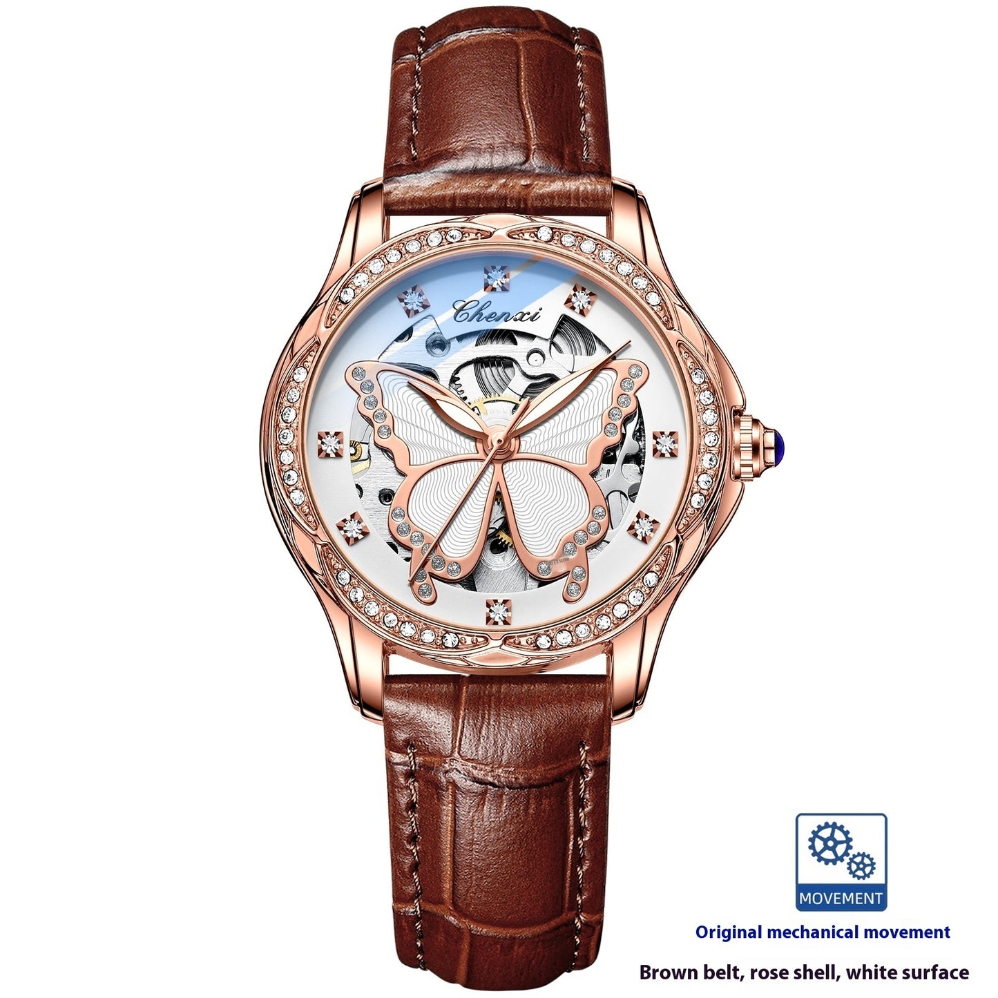 Butterfly Dial Fashion Diamond-embedded Watch Women's Waterproof Automatic Mechanical Watch