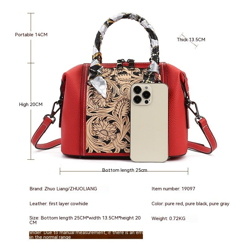 Leather Carving Stylish Textured Vintage First Layer Cowhide Portable Messenger Bag