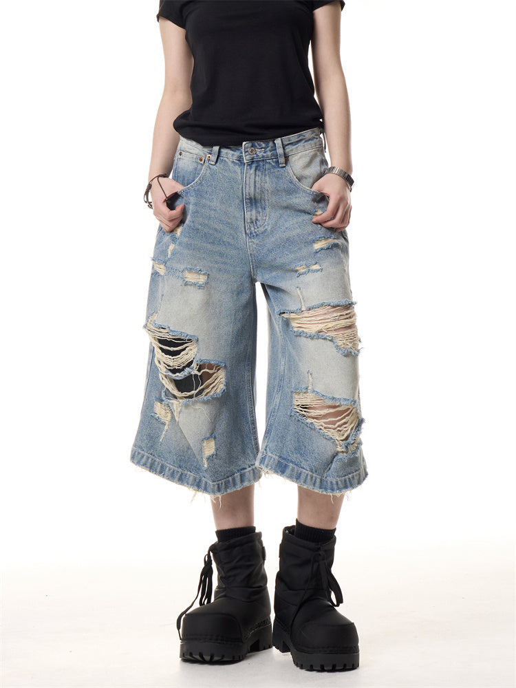 Retro Worn Looking Washed-out Ripped Cat Beard Denim Shorts