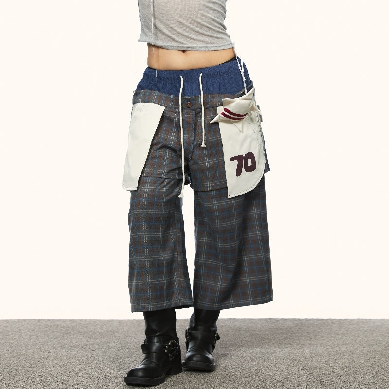 Retro Plaid Fake Two-piece Patch Pants For Women Summer