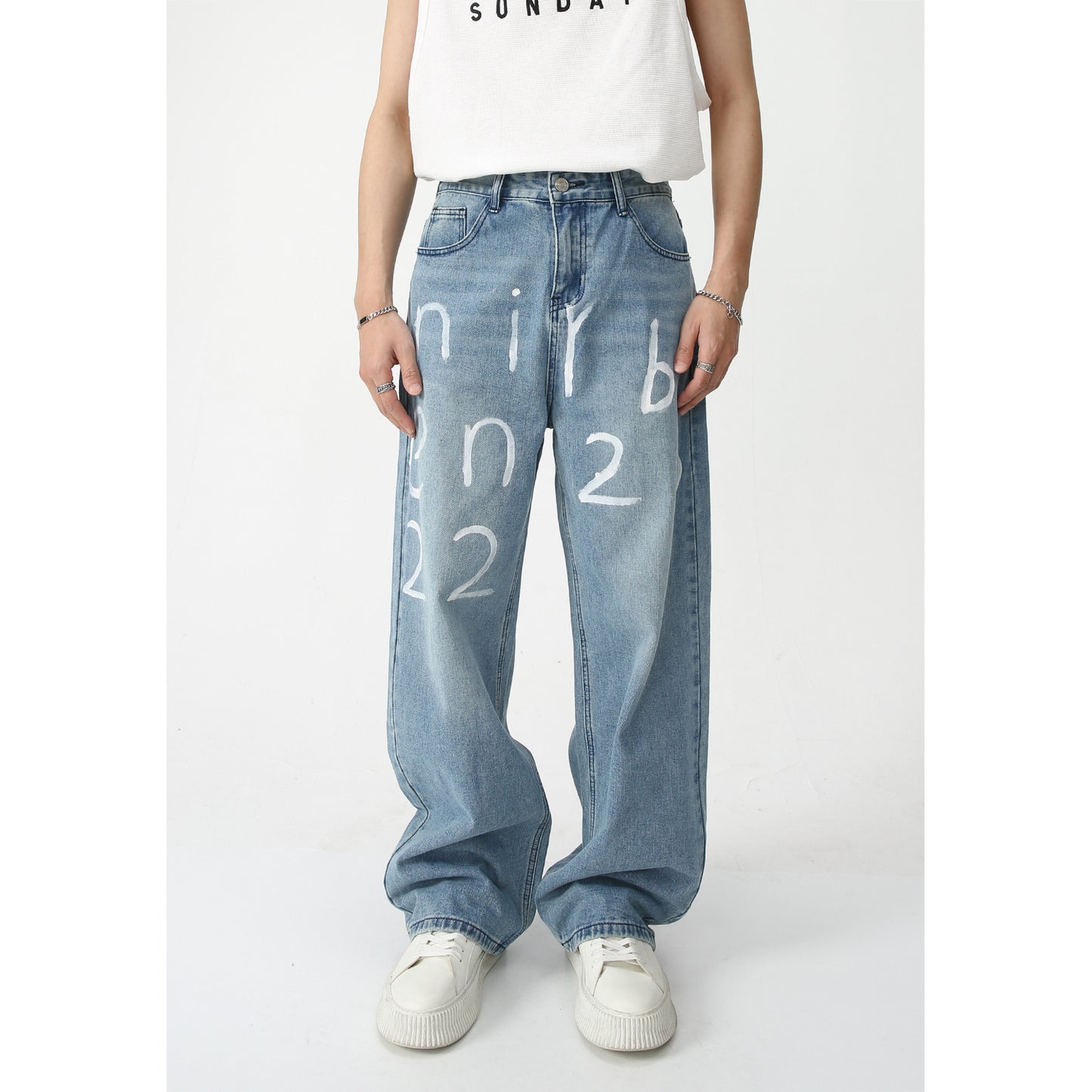 New Loose Wide-leg Mopping Jeans Personalized Digital Printing