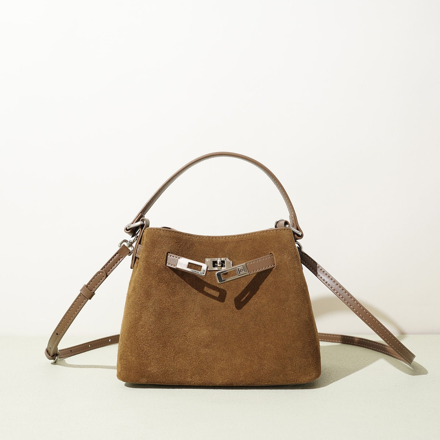Structured Suede Bucket Bag in First-Layer Cowhide Leather