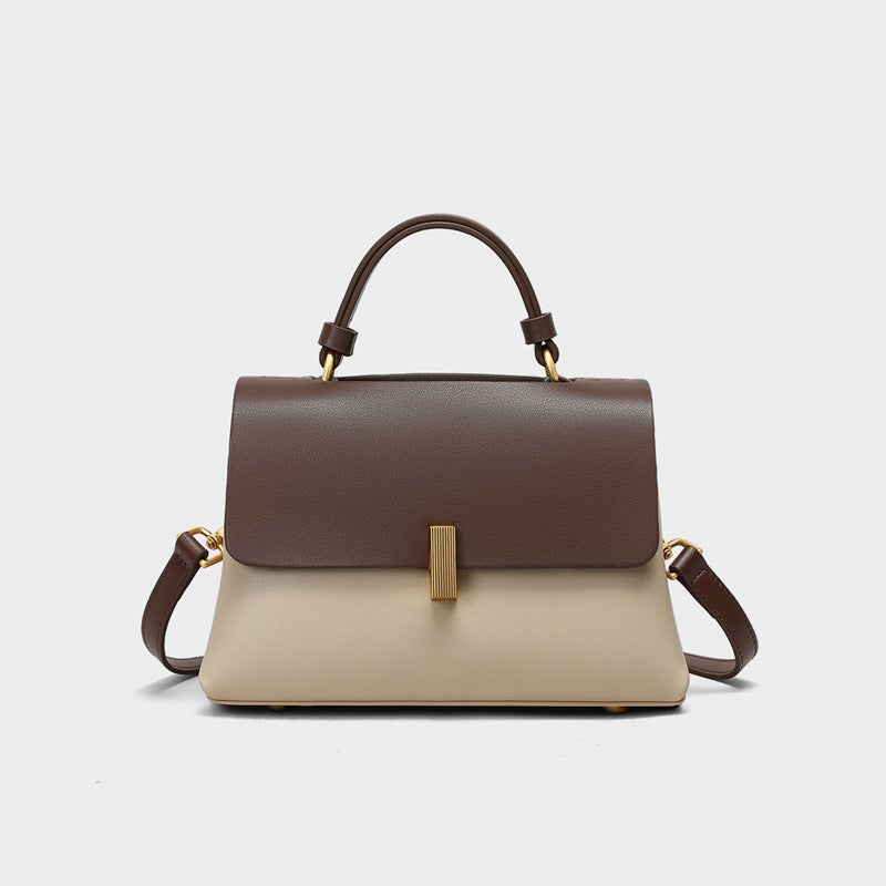 Structured Two-Tone Top-Handle Bag — First-Layer Cowhide Leather