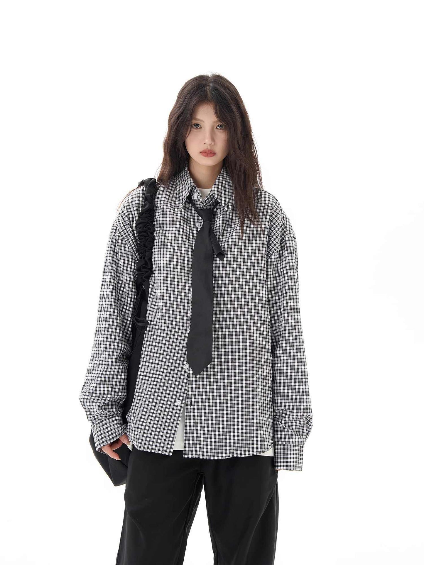Black Plaid Shirt Long Sleeve Women Casual Loose Shirt Coat