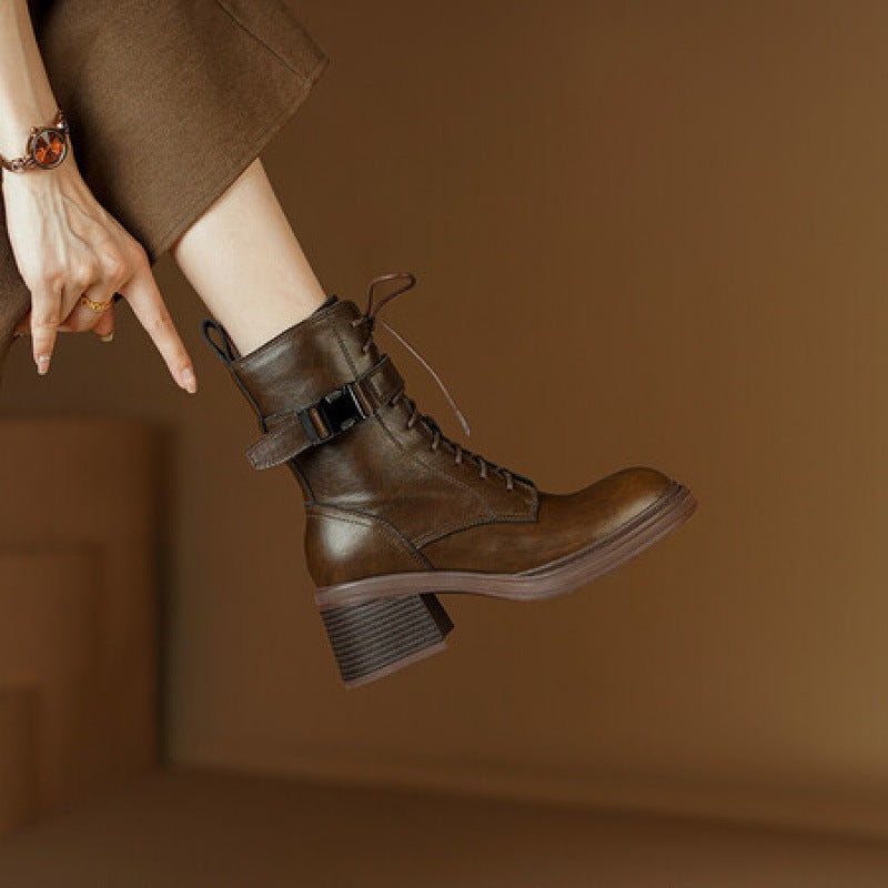 Buckled Block-Heel Leather Ankle Boots