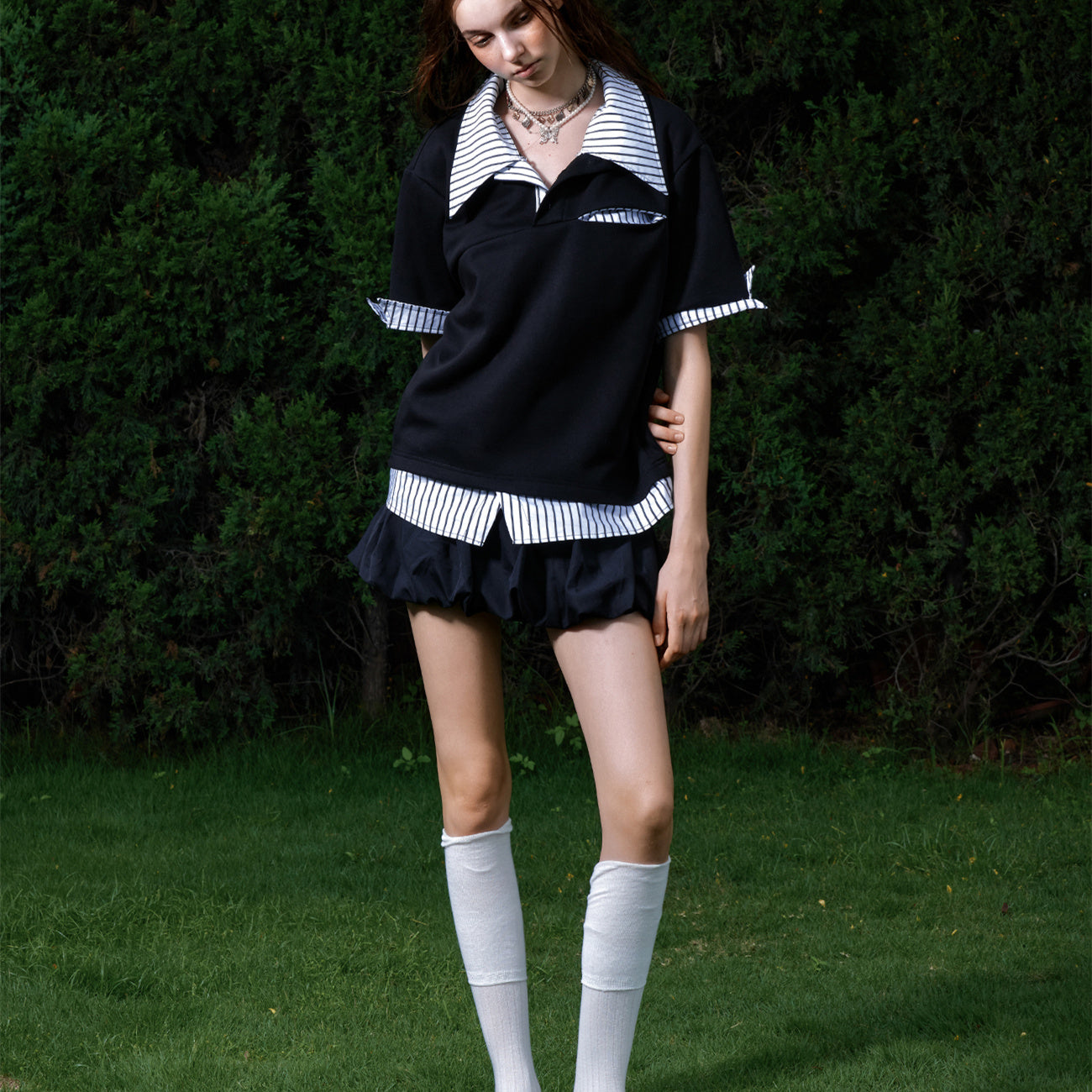 Women's Loose Striped Versatile Fake Two Piece T-shirt Short Sleeved