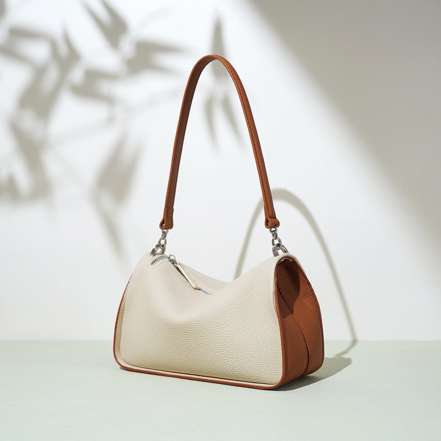 Contrast-Trim Shoulder Bag in First-Layer Cowhide