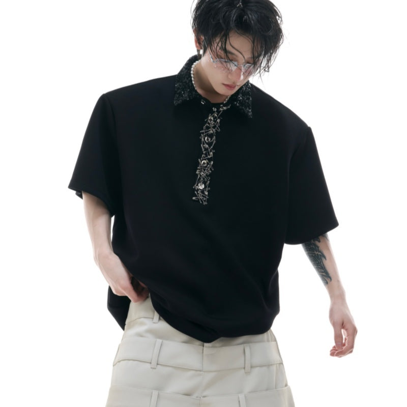Heavy Embroidery Sequins Square Collar Short Sleeve Pin Loose Polo T-shirt