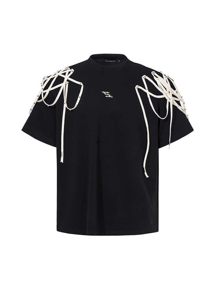 Rivet Ribbon Padded Shoulder Short-sleeved T-shirt