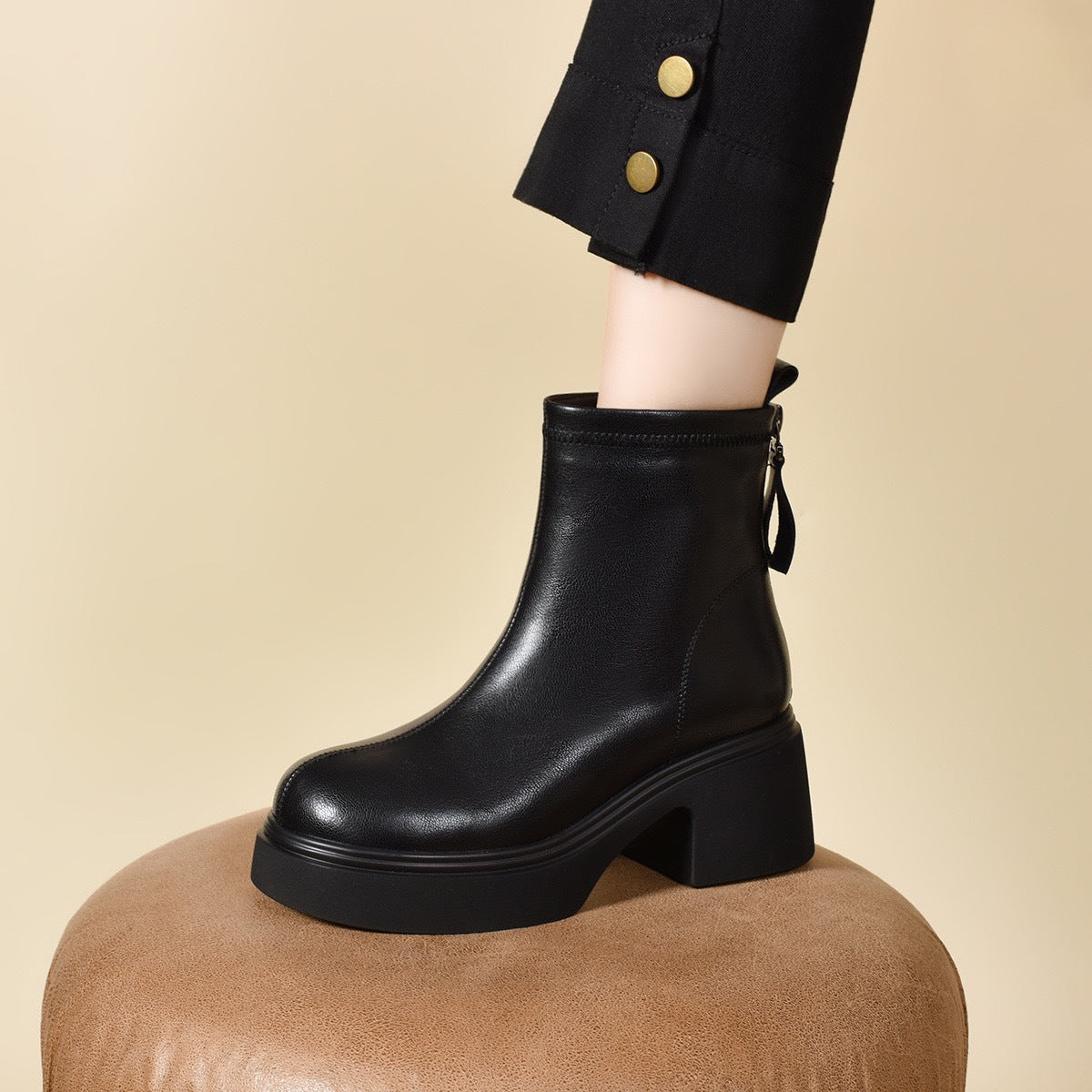 Sheepskin Leather Block Heel Ankle Boots