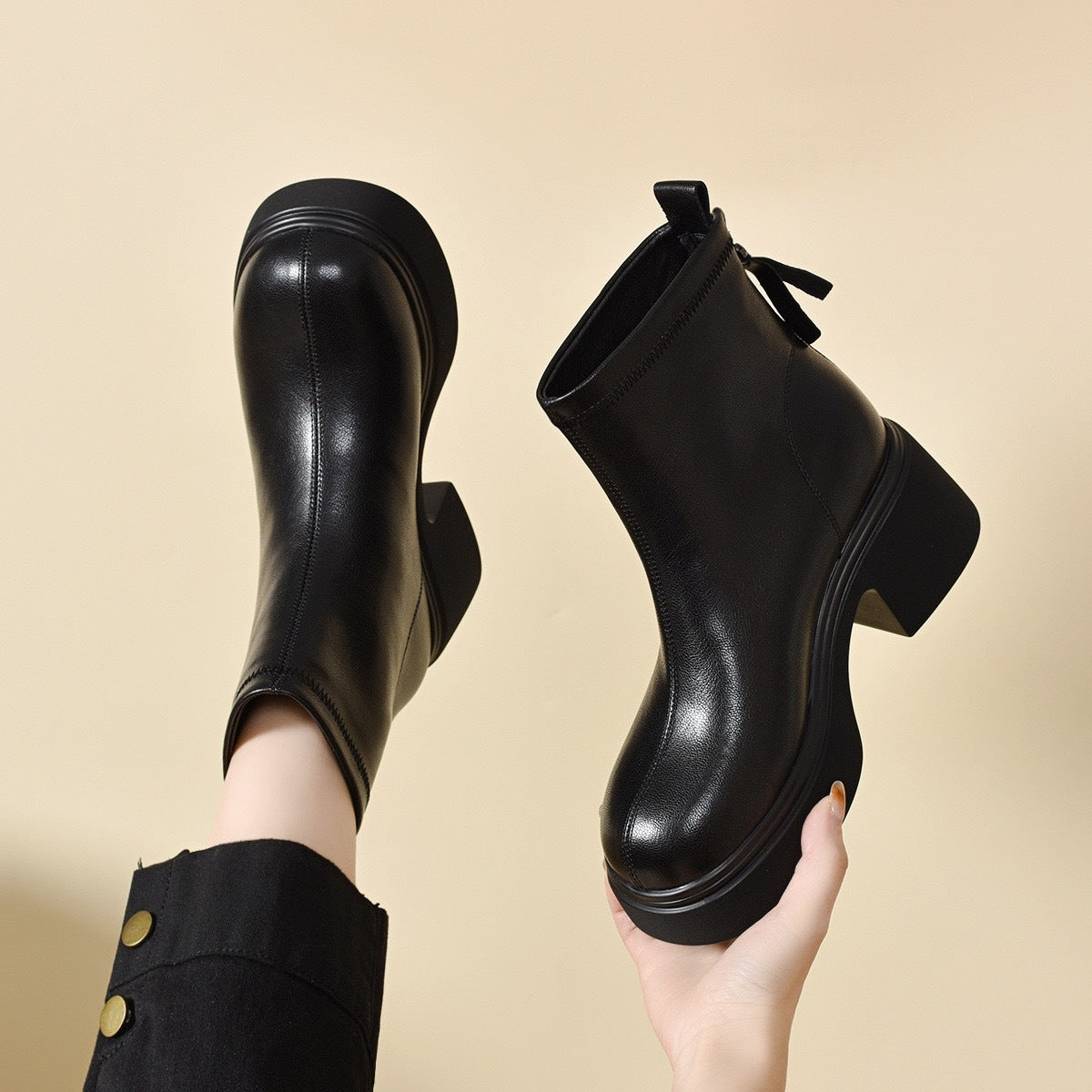 Sheepskin Leather Block Heel Ankle Boots