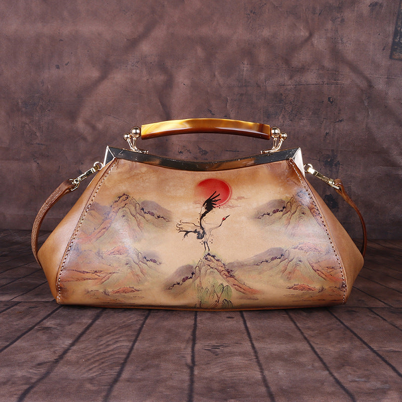 Hand-Painted Landscape Cowhide Top-Handle Bag
