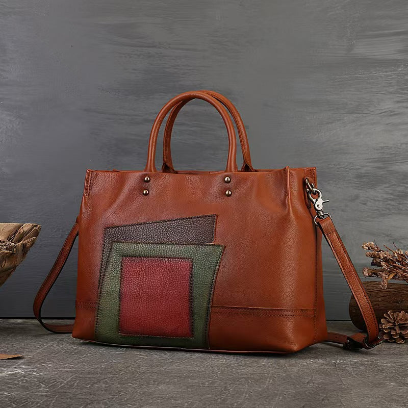 Structured Leather Tote with Layered Patch Detail
