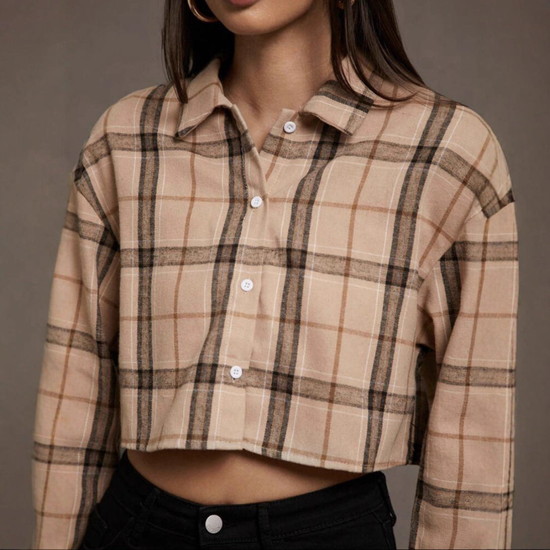 European And American Women's Clothing Short Long Sleeve Plaid Cropped Hot Girl Lapel Shirt