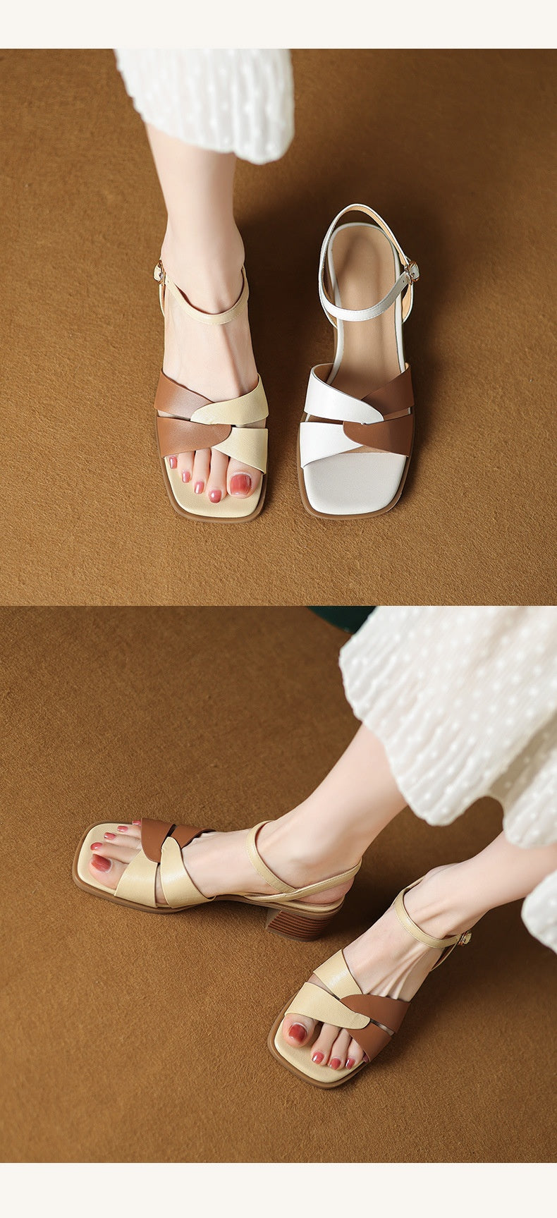First-Layer Cowhide Low-Heel Sandal – Dual Strap Structure