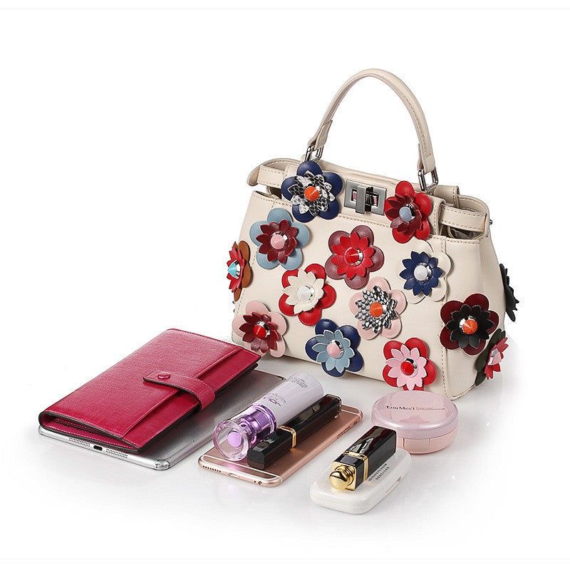 Floral-Appliqué Structured Top Handle Bag