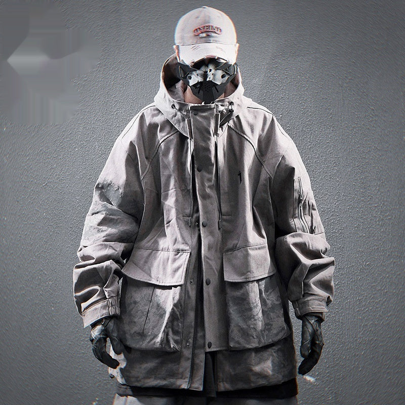 Large Pocket Inkjet Printing Hooded Jacket Men's Coat