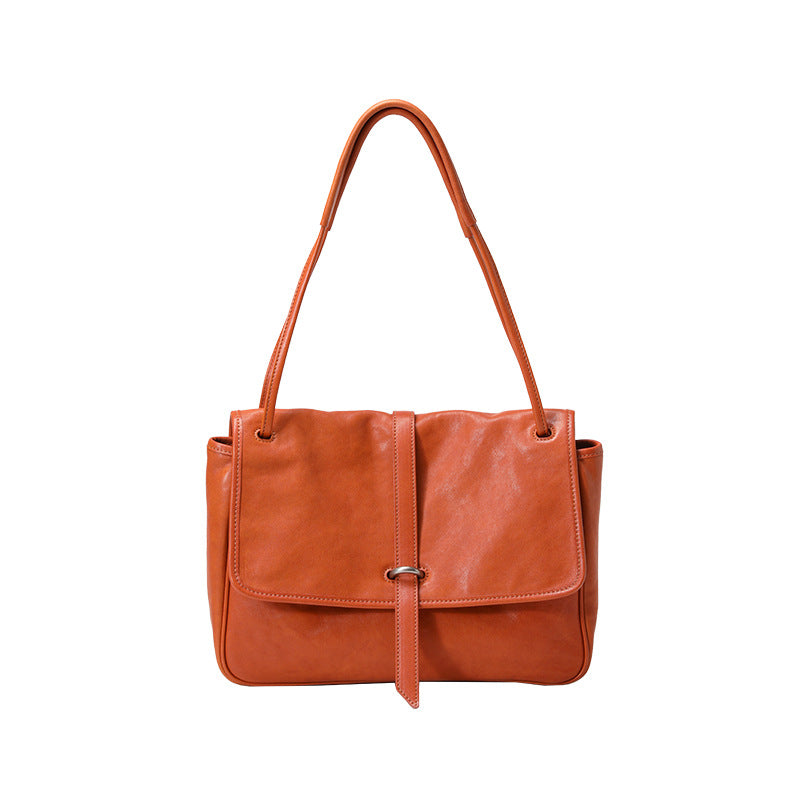 Flap-Closure Shoulder Bag in First-Layer Cowhide Leather