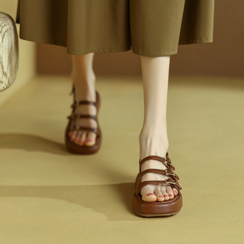 First-Layer Cowhide Platform Sandal – Multi-Buckle Support Build