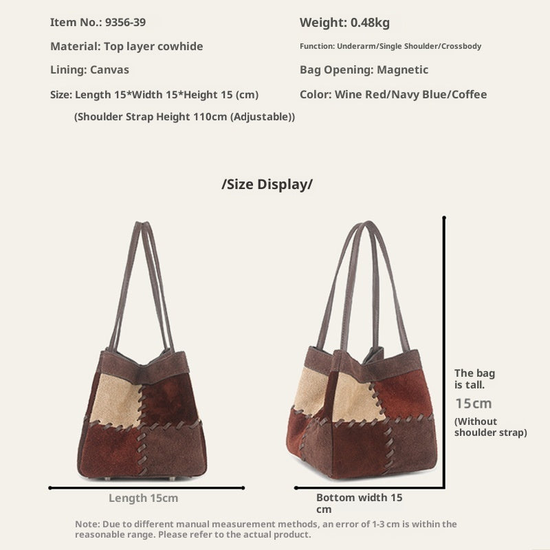 Patchwork Shoulder Bag in First-Layer Cowhide Leather