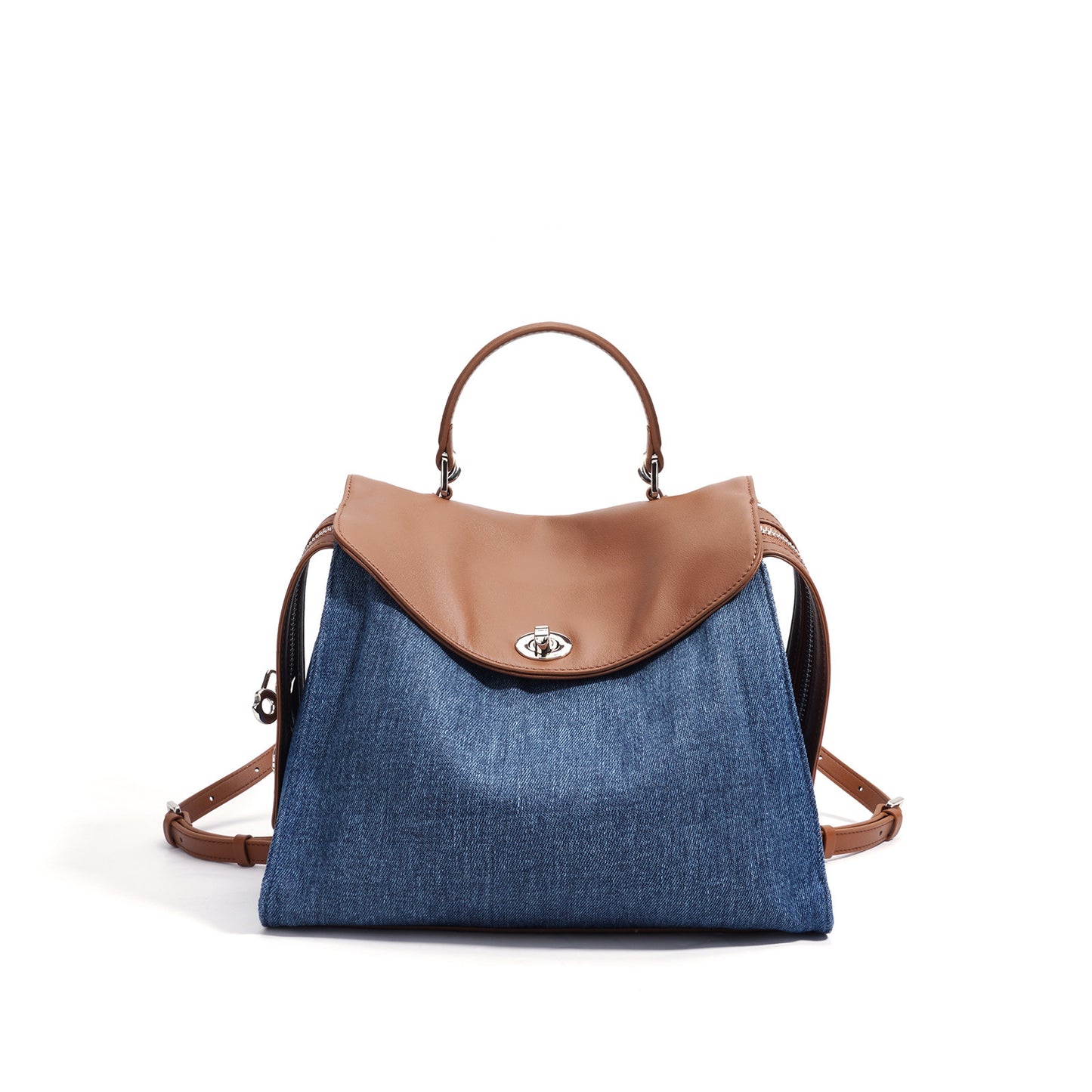 Denim–Leather Structured Carry Backpack