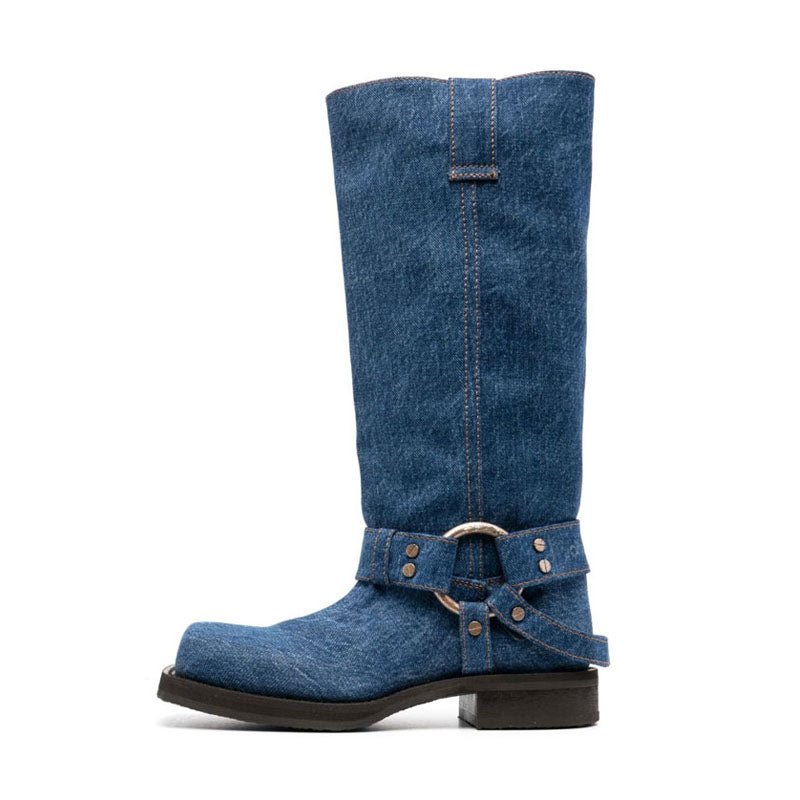 Denim Harness Mid-Calf Boots