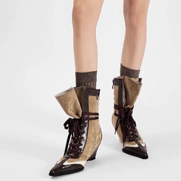 First-Layer Cowhide Panel Ankle Boots