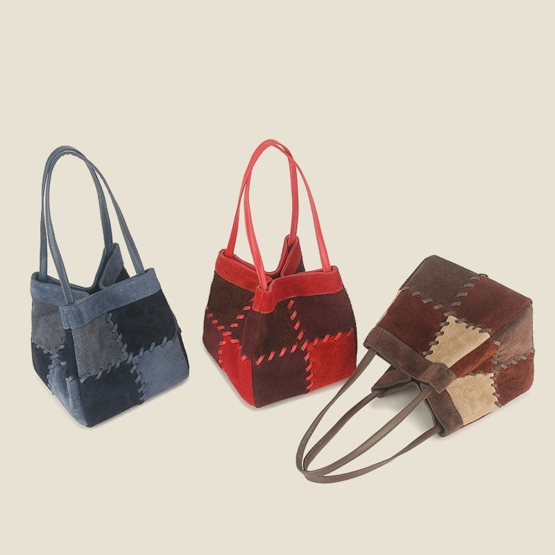 Patchwork Shoulder Bag in First-Layer Cowhide Leather