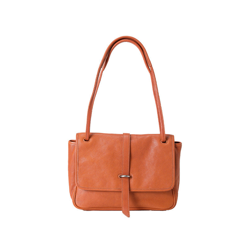 Flap-Closure Shoulder Bag in First-Layer Cowhide Leather