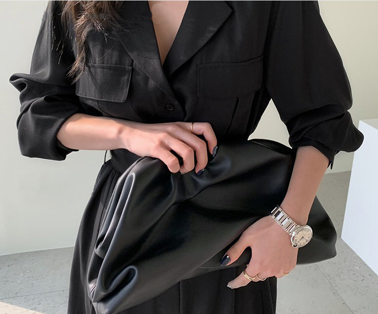 Soft Gathered Cowhide Leather Pouch Bag