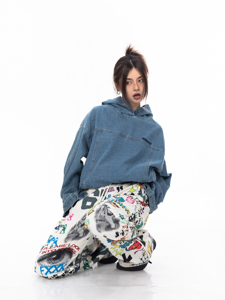 Retro Washed Loose Hooded Denim Top