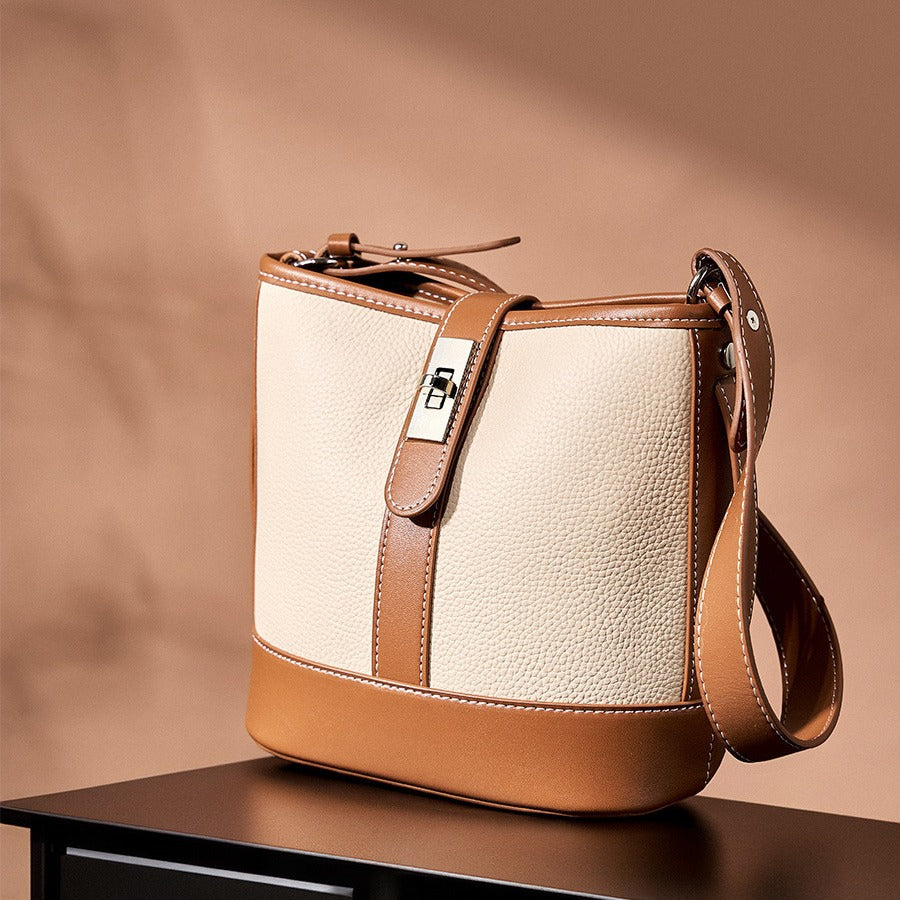 Two-Tone Structured Bucket Bag in First-Layer Cowhide