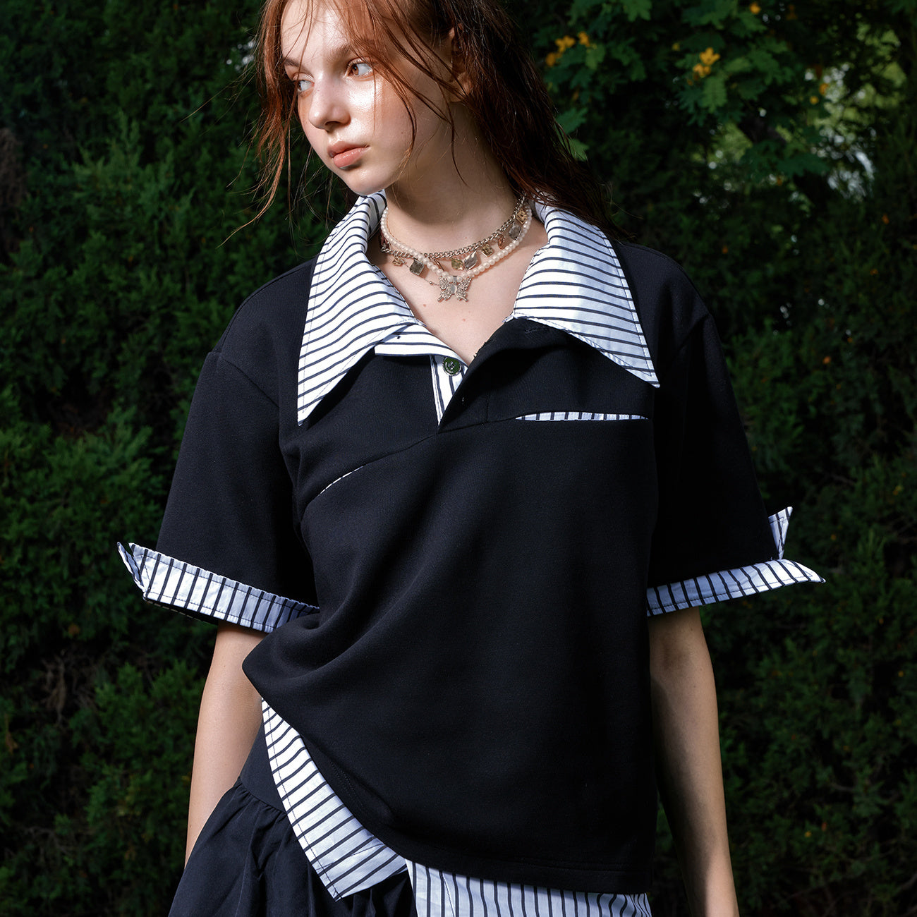 Women's Loose Striped Versatile Fake Two Piece T-shirt Short Sleeved