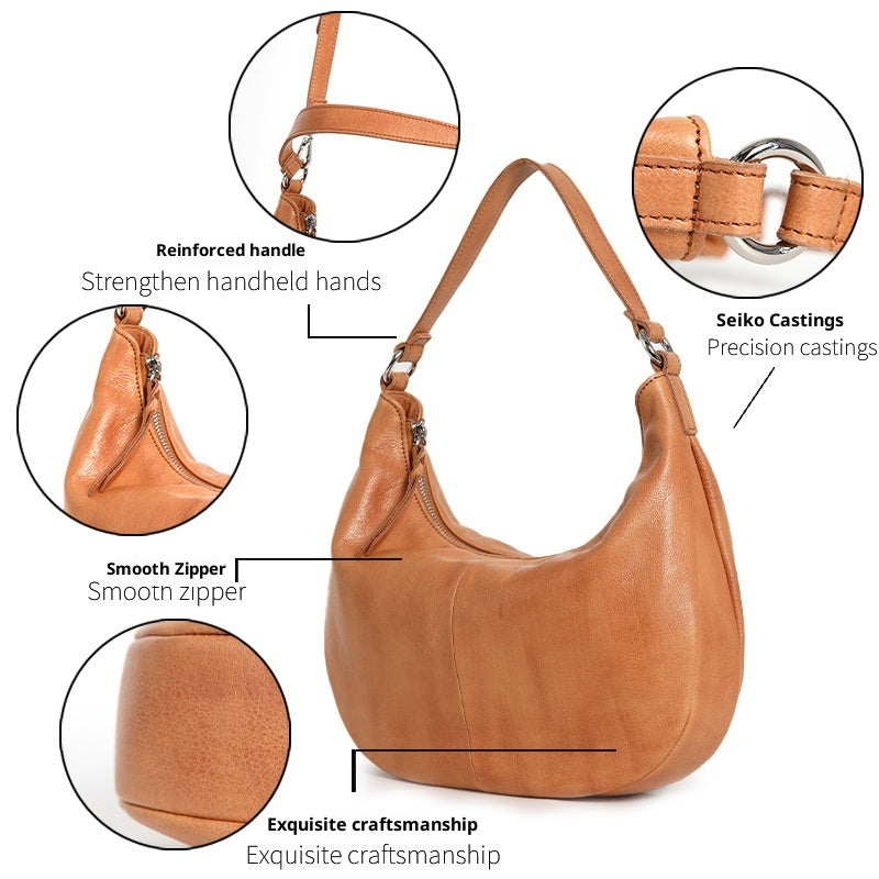 Soft-Curve Shoulder Bag in First-Layer Cowhide Leather