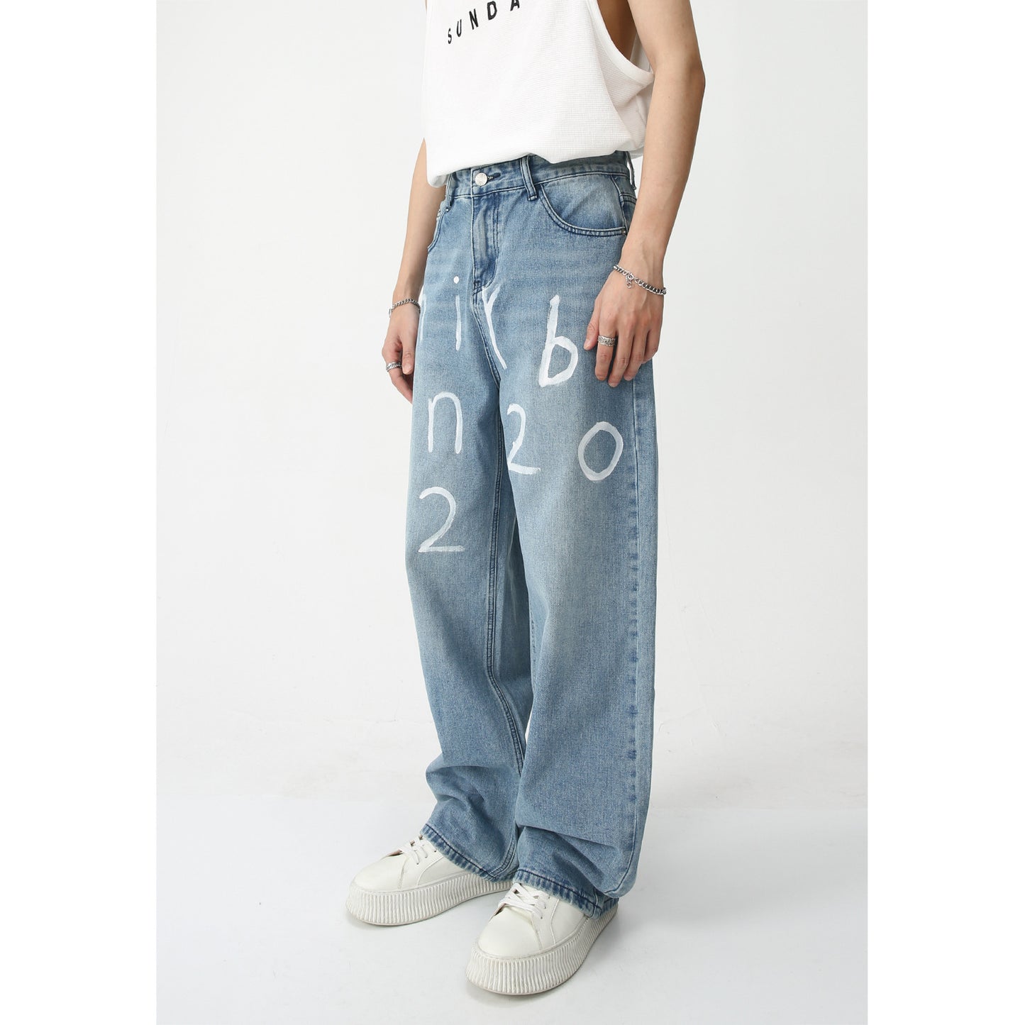 New Loose Wide-leg Mopping Jeans Personalized Digital Printing