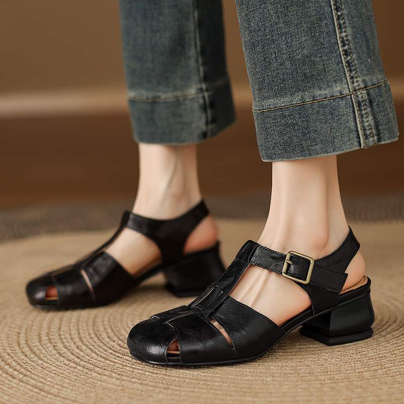 Closed-Toe T-Strap Block Heel – First-Layer Cowhide with Pigskin Insole