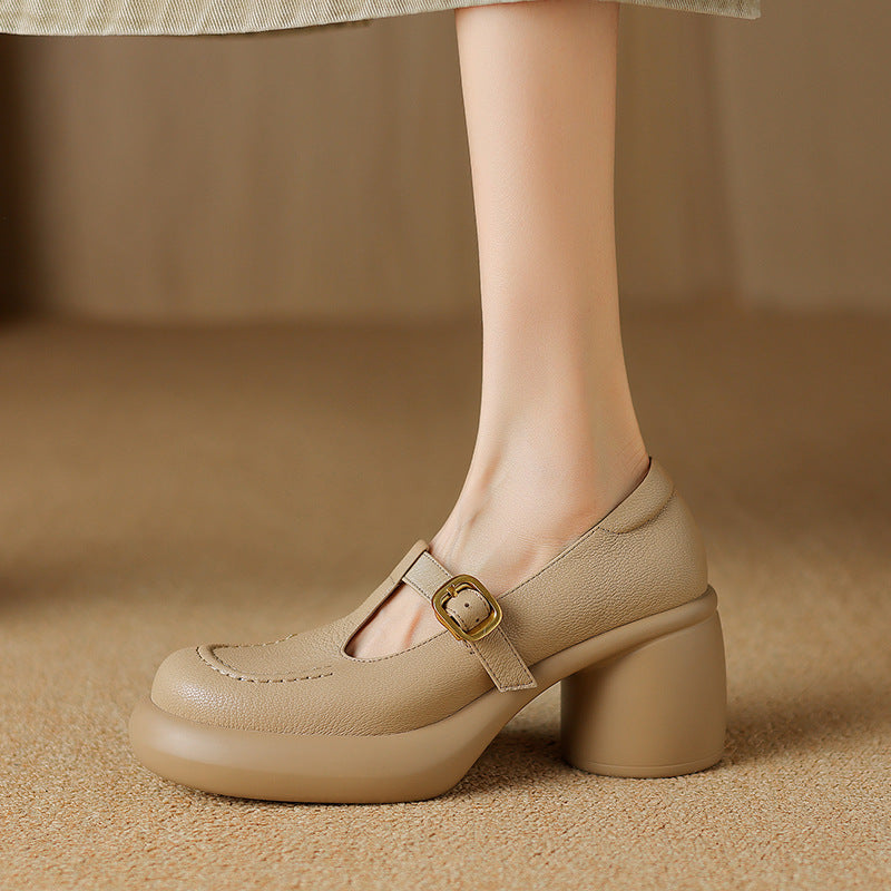 Beige Leather Mary Jane with Rounded Toe and Block Heel