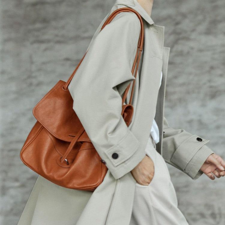 Flap-Closure Shoulder Bag in First-Layer Cowhide Leather
