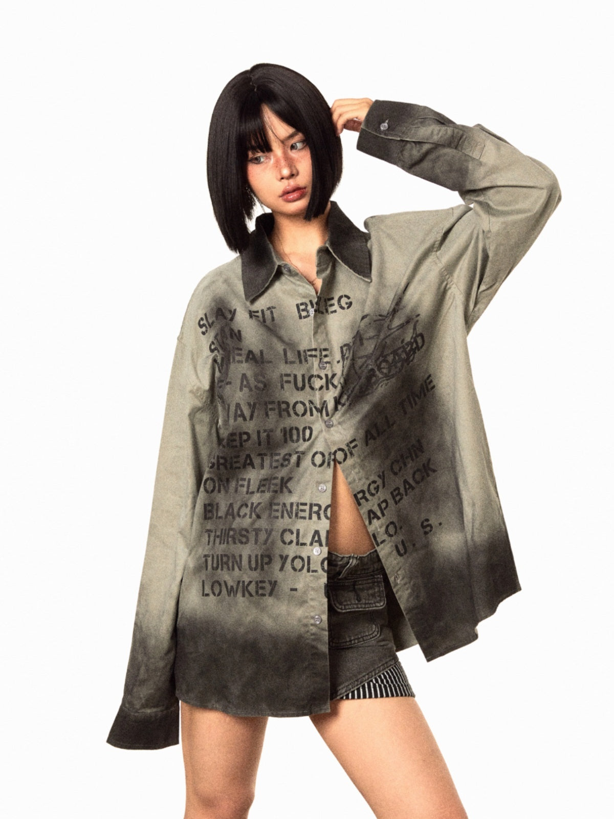 Letter Distressed Printed Long-sleeved Shirt Retro Gradient Loose Casual Women