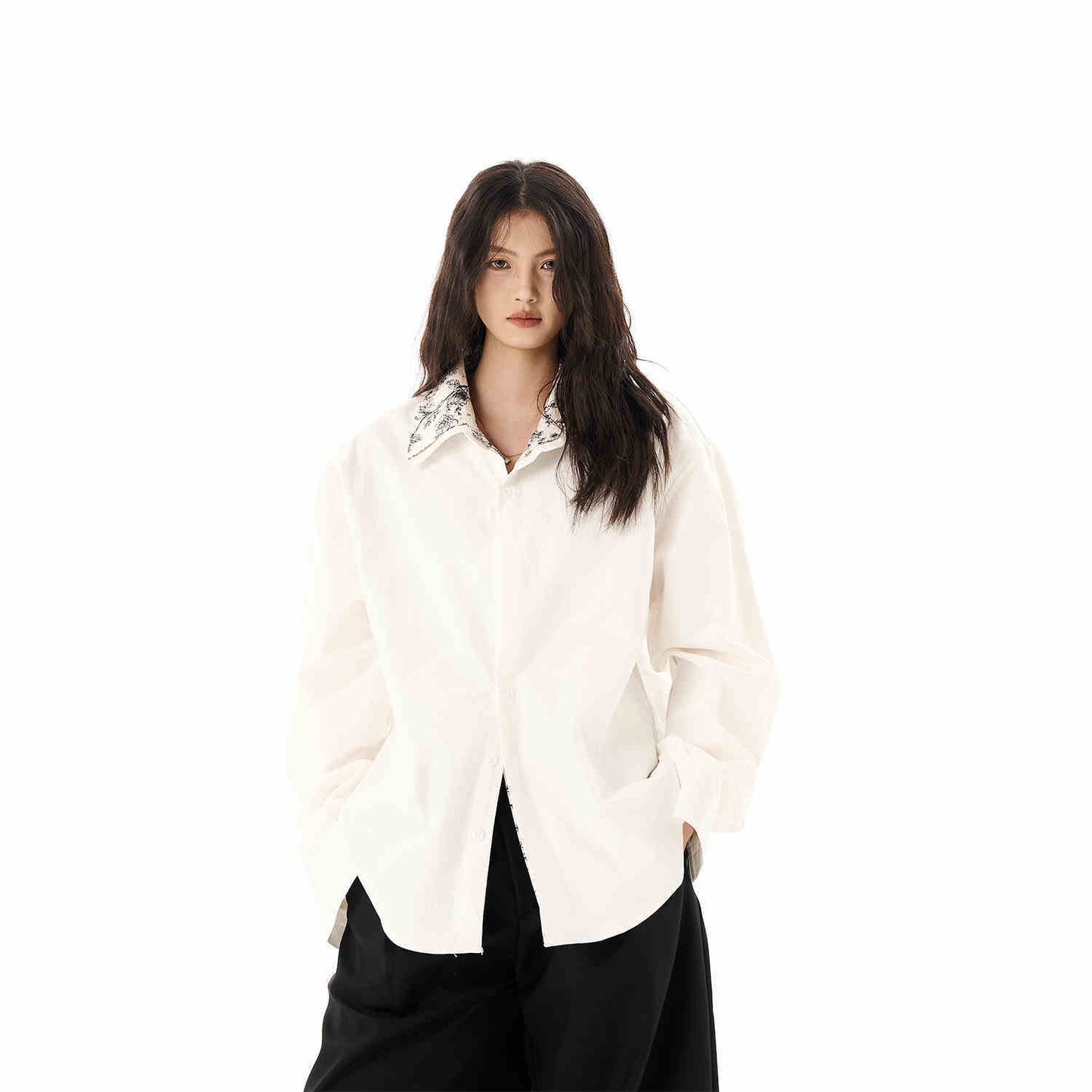 Lapel Floral False Two-piece Patchwork Loose White Long Sleeve Shirt Coat