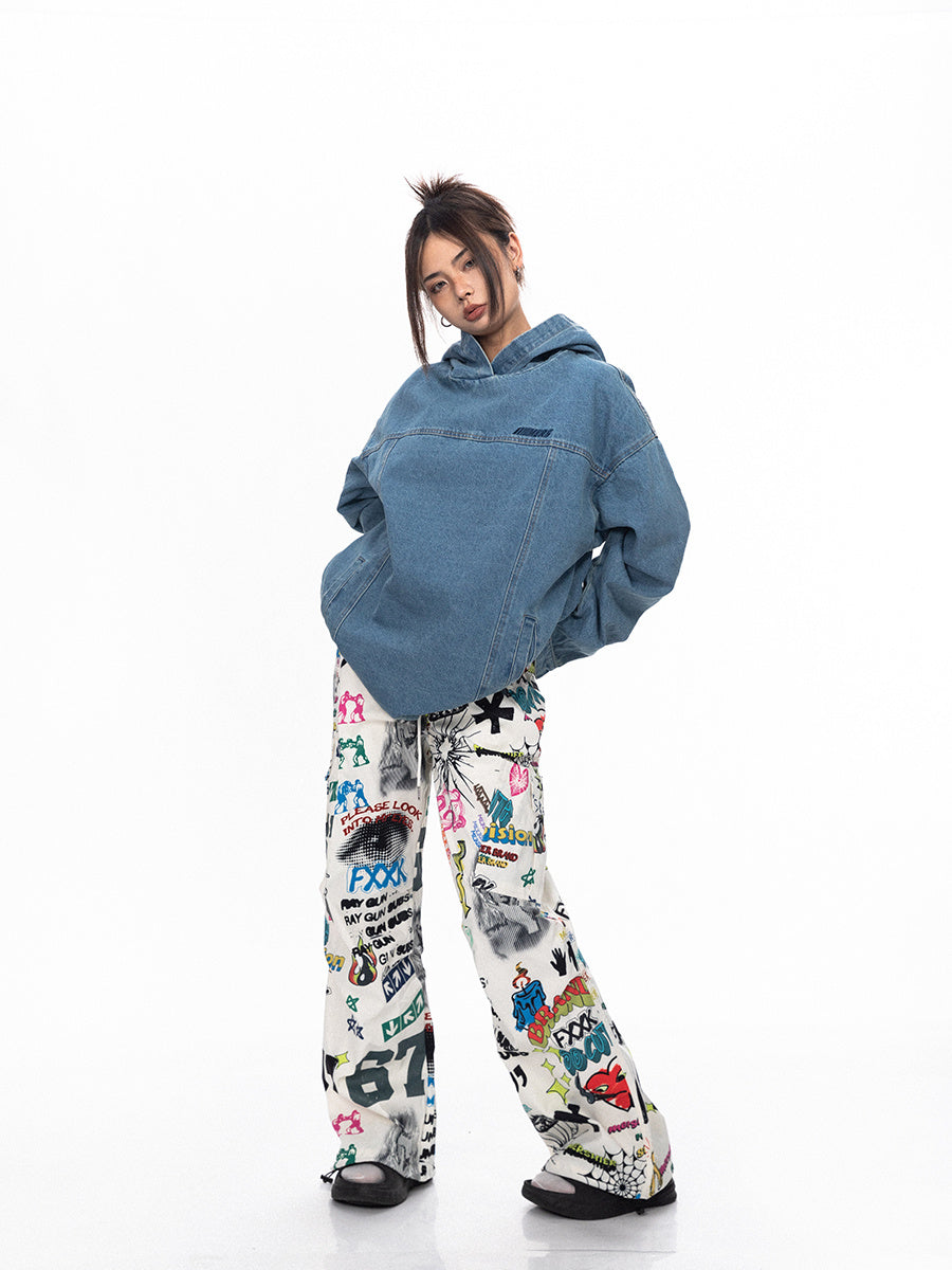 Retro Washed Loose Hooded Denim Top