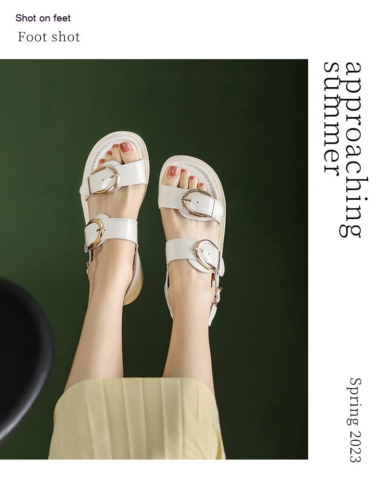 Belt Buckle Ankle-strap Sandals Back Strap Low Heel Chunky Heel Cowhide
