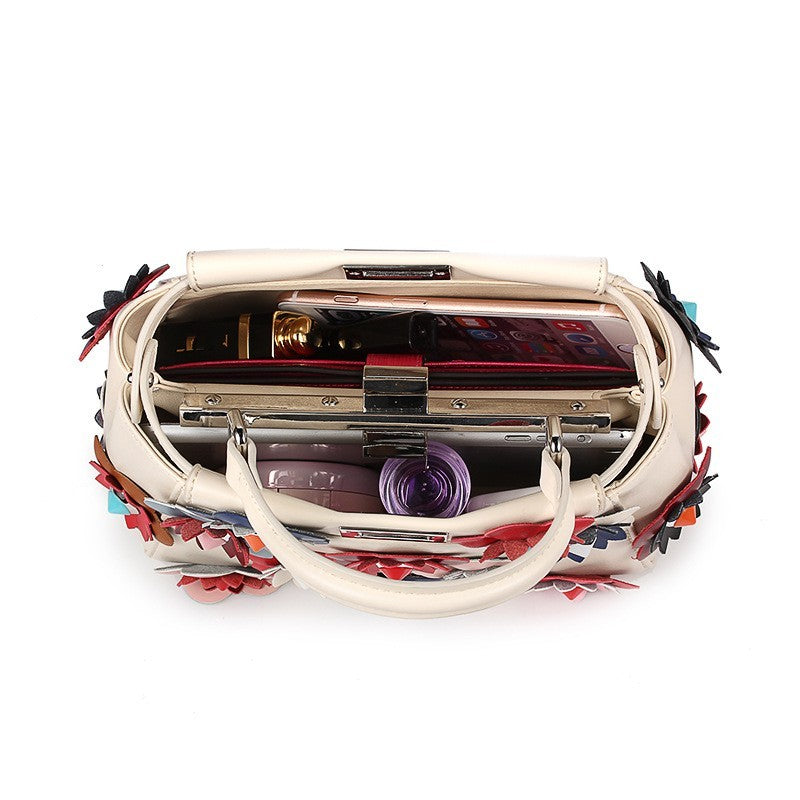 Floral-Appliqué Structured Top Handle Bag