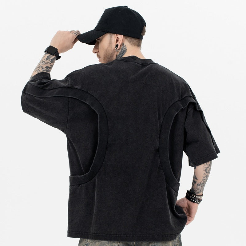 Stitching Deconstruction High Street European And American Solid Color Loose Round Neck Short Sleeve T-shirt