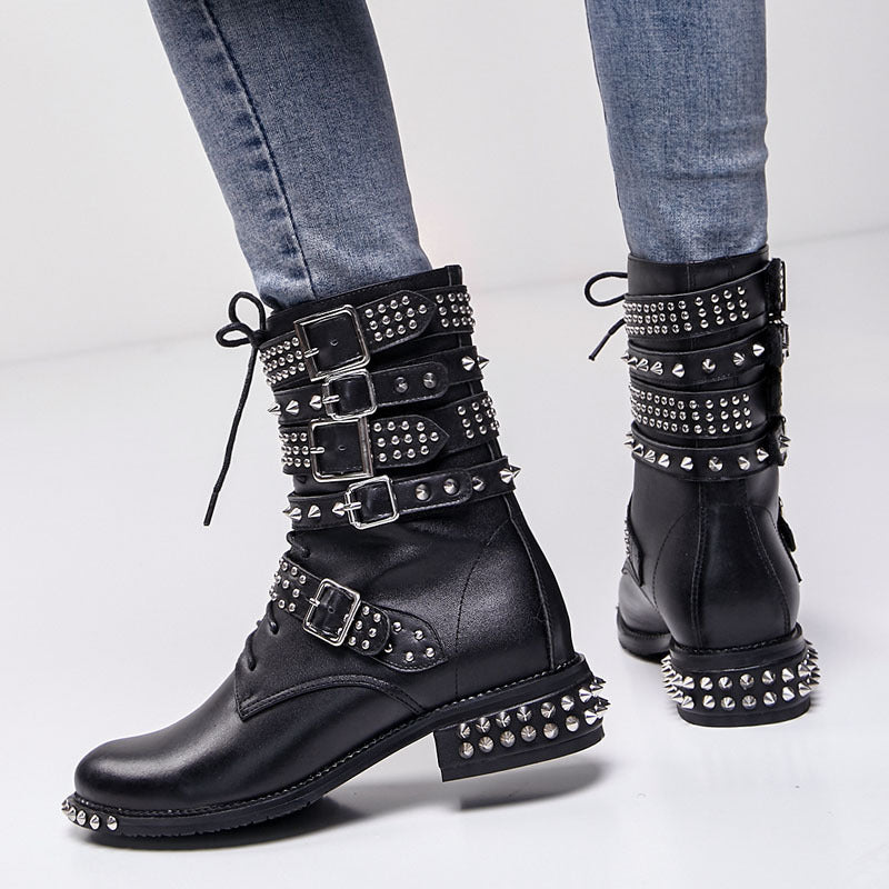 Studded Cowhide Leather Buckle Ankle Boots