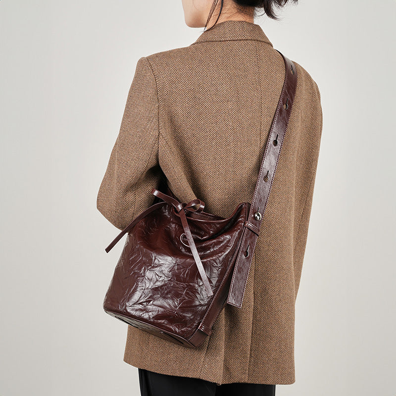 Crinkled Cowhide Bucket Shoulder Bag