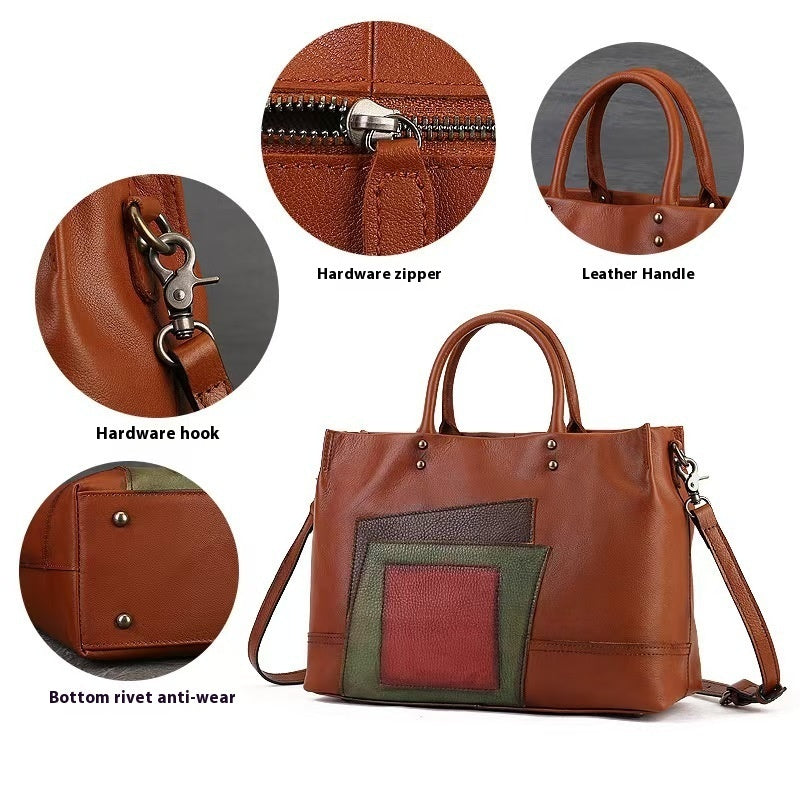 Structured Leather Tote with Layered Patch Detail