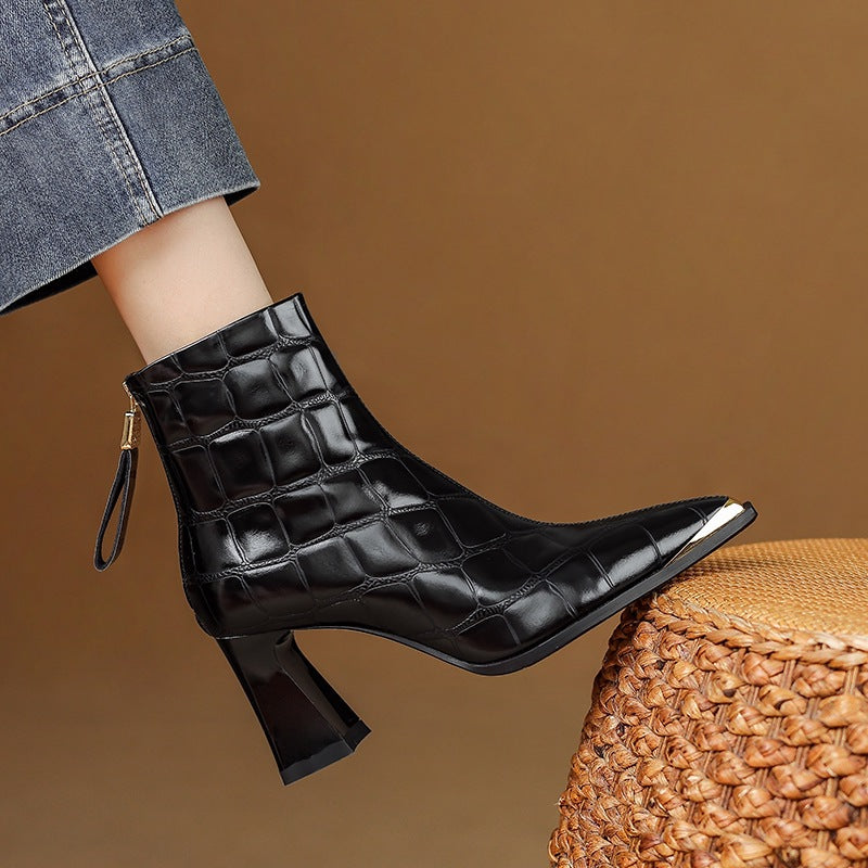 First-Layer Cowhide Structured Heel Boots