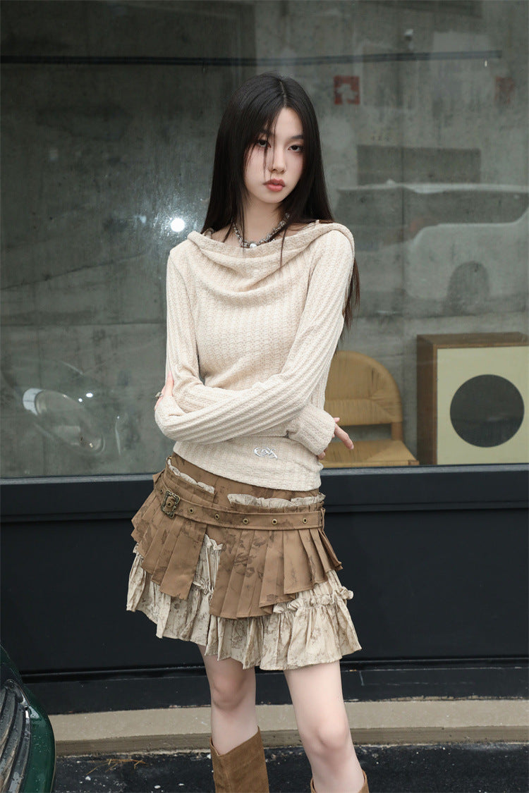 Retro Distressed Heavy Industry Fake Two-piece Pleated Skirt
